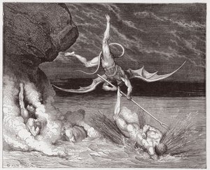 Az isteni színjáték (La Divina Commedia, La Divine Comedie), Pokol, 22. ének: Ciampolo megszökik Alichino démon elől az ötödik bolgiában - Dante Alighieri (1265-1321) - Illusztráció: Gustave Dore (1832-1883) alkotó: Gustave Dore