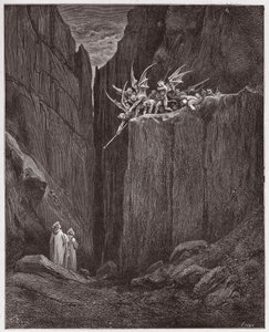 Az isteni színjáték (La Divina Commedia, La Divine Comedie), Inferno, 23. ének: A költők megszöknek az ötödik bolgia démonai elől - Dante Alighieri (1265-1321) - Illusztráció: Gustave Dore (1832-1883) alkotó: Gustave Dore