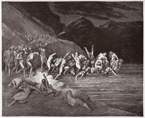 Az isteni színjáték (La Divina Commedia, La Divine Comedie), Pokol, 3. ének: A halálra ítélt lelkek az Acheron átkelésére - Dante Alighieri (1265-1321) - Illusztráció: Gustave Dore (1832-1883) alkotó: Gustave Dore