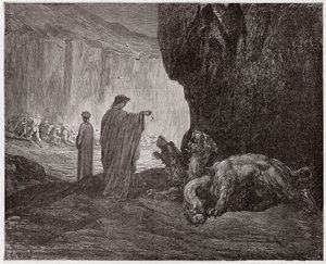 Az isteni színjáték (La Divina Commedia, La Divine Comedie), Pokol, 6. ének: Vergilius táplálja Cerberust a harmadik körben - Dante Alighieri (1265-1321) - Illusztráció: Gustave Dore (1832-1883) alkotó: Gustave Dore