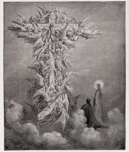 Az isteni színjáték (La Divina Commedia, La Divine Comedie), Paradiso, 14. ének: Dante és Beatrice látja az angyalokat Krisztussal a kereszten - Dante Alighieri (1265-1321) - Illusztráció: Gustave Dore (1832-1883) alkotó: Gustave Dore