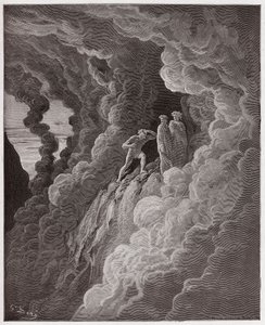 Az Isteni színjáték (La Divina Commedia, La Divine Comedie), Purgatorio, 16. ének: Marco Lombardo követi a költőket a füstön keresztül - Dante Alighieri (1265-1321) - Illusztráció: Gustave Dore (1832-1883) alkotó: Gustave Dore