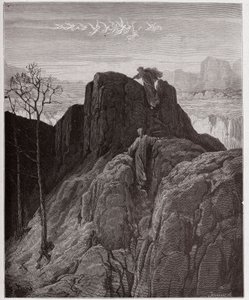 Az Isteni színjáték (La Divina Commedia, La Divine Comedie), Purgatorio, 4. ének: Vergilius felvezeti Dantét a zord hegyoldalon - Dante Alighieri (1265-1321) - Illusztráció: Gustave Dore (1832-1883) alkotó: Gustave Dore