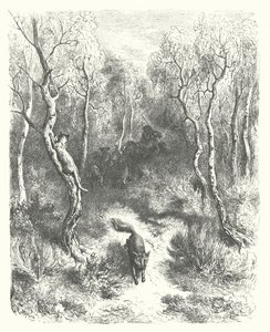 La Fontaine meséi: Fontaine: A macska és a róka (metszet). alkotó: Gustave Dore