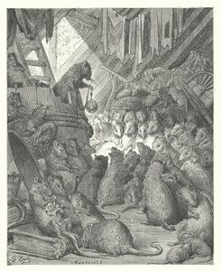 La Fontaine meséi: A patkányok által tartott tanácskozás (metszet) alkotó: Gustave Dore