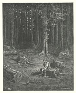 La Fontaine meséi: Fontaine: Az erdő és a favágó (metszet). alkotó: Gustave Dore