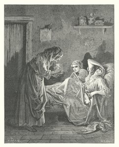 La Fontaine meséi: Fontaine: Az öregasszony és szolgái (metszet). alkotó: Gustave Dore