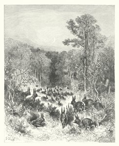 La Fontaine meséi: Fontaine: A nyulak (metszet) alkotó: Gustave Dore
