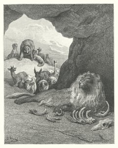 La Fontaine meséi: Fontaine: A beteg oroszlán és a róka (metszet). alkotó: Gustave Dore