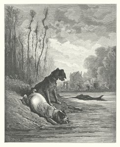 La Fontaine meséi: Fontaine: A két kutya és a halott szamár (metszet). alkotó: Gustave Dore
