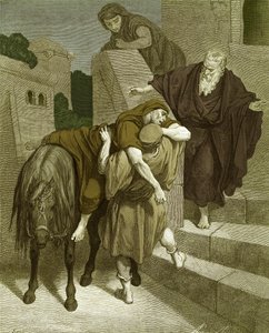 Az irgalmas szamaritánus a fogadóban, Dorétól. - Biblia alkotó: Gustave Dore