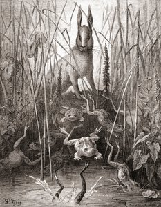 A nyúl és a békák, a Fables de La Fontaine 19. század végi kiadásából (fametszet)