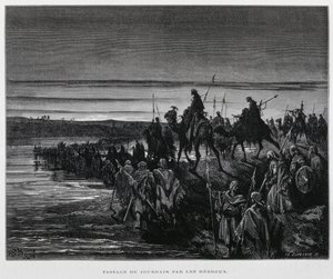 A héber törzsek a Jordán folyón keresztül lépnek be Kánaánba, illusztráció a Dore Bibliából. alkotó: Gustave Dore