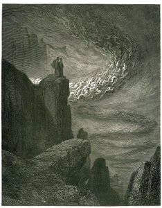 The Hell of Dante Alighieri (the Divine Comedie) illustrated by Gustave Dore. French edition of 1861. “La bufera infernal, che mai non resta/Mena gli spirti con la sua rapina. (The infernal hurricane, which never stops, draws spirits into its whirlwind)”,  alkotó: Gustave Dore