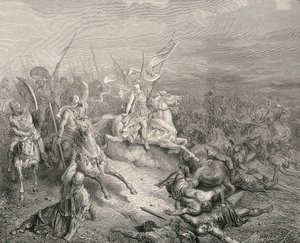 A Szent Biblia. 1866. A Makkabeusok angyala. Metszés alkotó: Gustave Dore