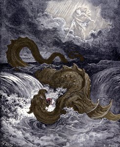 A Leviatán, a Bibliában említett tengeri kígyóra emlékeztető tengeri szörny. Gustave Dore bibliaillusztrációi. századi metszet. alkotó: Gustave Dore