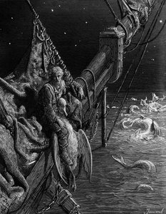 A tengerész az óceánban élő kígyókat nézi, jelenet S.T. „Az ősi tengerészek kora” című művéből. Coleridge, kiadó: Harper und Brothers, New York, 1876 (fametszet) alkotó: Gustave Dore