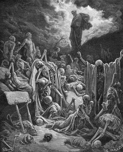 A Száraz Csontok Völgyének látomása, Ezékiel 37:1-2, illusztráció Dore „The Holy Bible” című művéből, metszett C. Laplante (†1903) 1866