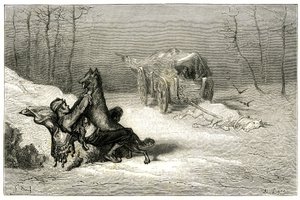 A rabló Ágostint megtámadja egy farkas, a döglött ló közelében még a szekéren elért komédiások elhagyják, vagy elrejti a kis Chiquitát. Gustave Dore metszete Theophile Gautier "Le capitaine Fracasse" című regényének illusztrációjához, Charpentier kiadás 18 alkotó: Gustave Dore
