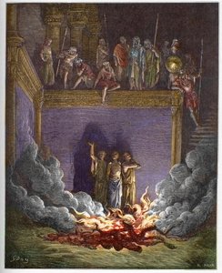 Az égető kemence (Babilon három gyermeke, a három fiatal héber vagy a három fiatalember) Anániás, Azariás és Misael égő kemencébe süllyed, mert nem hajlandók meghajolni Babilon királyának szobra előtt – A három fiatalember alkotó: Gustave Dore
