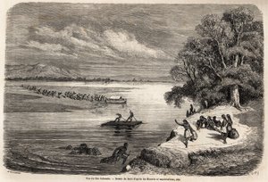 A Colorado folyón való átkelés tutajon, néhány mohaves indián kíséretében, Gustave Dore (1832-1883) rajza, Baudouin Mollhausen (1825-1905) 1853-54-es Mississippi Csendes-óceáni utazásának illusztrálására. Metszet a „” Le tour du alkotó: Gustave Dore
