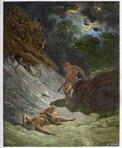 Ábel halála – Káin Ábel meggyilkolása – Gustave Dore (1832-1883) „The Bible illustree” című metszete – Metszet „A Dore Bibliából” alkotó: Gustave Dore
