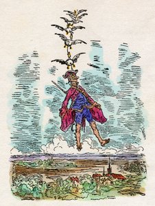 A kacsák a levegőbe emelik Münchhausen (Münchhausen) báróját. Gustave Dore (1832-1883) illusztrációja a "" Rudolf Erich Raspe (1737-1794): Münchhausen báró csodálatos szárazföldi és tengeri kalandjai "" című művéhez. alkotó: Gustave Dore