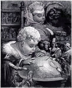 Gargantua oktatása: az óriás, gyermek, a földgömböt tanulmányozza tanáraival, szülei szeme láttára alkotó: Gustave Dore