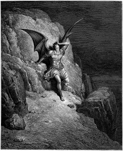 Lucifer angyal bukása (Sátán, dechu angyal, a mennyből a Földre esett). Gustave Dore illusztrációja John Milton (1608-1674) "Elveszett Paradicsom" című művéhez. Metszet 1866-ból. Magángyűjtemény alkotó: Gustave Dore