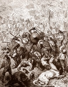 Harc a Yanguas öszvérei ellen, Gustave Dore (1832-1883) gravírozása Miguel de Cervantes (1547-1616) „The Ingenieux Hidalgo Don Quijote de la Manche (Quixotte – Quijote)” című művéért, 1863 Magángyűjtemény alkotó: Gustave Dore
