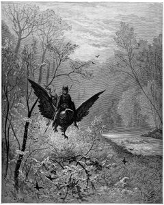 A Ruggiero (Roger, Ruggero) lovag által megmászott hippogriff nevető vidékre érkezik - Gustave Dore metszete Ludovico Ariosto (1474-1533) dit l