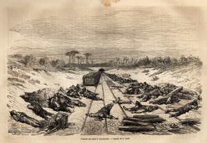 A pihenő órája Argamasillában, a sok vasutas hever a pályán, teljes napsütésben pihen. Gustave Dore (1832-1883) illusztrátor és báró Ch. metszete a spanyolországi utazás szemléltetésére. Davillier reaktor, 1862-ben, megjelent a „Le tour du monde, no alkotó: Gustave Dore