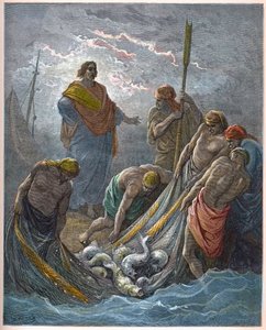 A halak csodás horgászata - Csodálatos halászat - - Gravírozás Gustave Dore (1832-1883) „The Bible illustree”-be - Metszet a „Dore Bibliából” alkotó: Gustave Dore