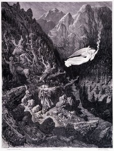 Az ellenséges tájon sétáló erszényt és botot tartó öregembert egy tűzsebességet lóbáló angyal veszi felül, VII. tábla – Gustave Dore (1832-1883) illusztrációja, a La legende du Jew vándorláshoz, Pierre Dupont, Edition Librairie du magasin p alkotó: Gustave Dore