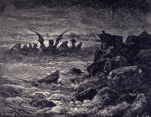 Dániel próféta szörnyeket lát megjelenni: Haniel, Kafziel, Azriel, Aniel. Metszet a Bibliából, Gustave Dore illusztrálta. 19. század alkotó: Gustave Dore