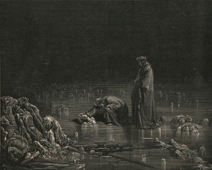 Aztán megragadva a fejbőrét, felkiáltottam: Nevezd meg, vagy egy hajszál sem marad itt, c1890. alkotó: Gustave Dore