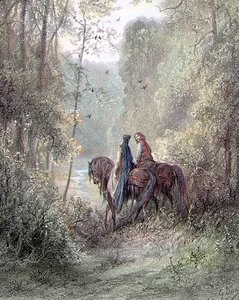 Elvesztek a ligetek alatt, amelyek a virágok paradicsomának tűntek (Guenièvre és Lancelot) – Alfred Tennyson, ill. szerző: Gustave Doré Paris, Librairie Hachette et Cie alkotó: Gustave Dore