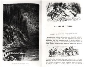 Két illusztrált oldal Honore de Balzac (1799-1850) „Les Contes Drolatiques”-ból, amelyet Heliodore Joseph Pisan (1822-90) vésett alkotó: Gustave Dore