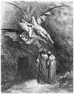 Vergilius (Kr. e. 70-19) Dante és az Erinyiák, illusztráció Dante Alighieri (1265-1321) "Isteni komédiája" (Inferno) című művéből, Párizs, megjelent 1885-ben. alkotó: Gustave Dore