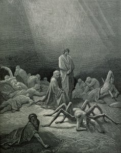 Vergilius (Kr. e. 70-19) és Dante a pókasszonyt nézik, illusztráció Dante Alighieri (1265-1321) Párizs "Isteni színjátékából" (Inferno), 1885-ben. alkotó: Gustave Dore