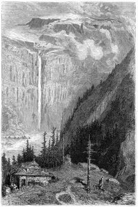 A Cirque de Gavarnie vízesése a fogadóból nézve: Gustave Dore metszete, amely Hippolyte Taine "Voyage aux Pyrenees" című könyvét illusztrálja, Hachette 1860. alkotó: Gustave Dore