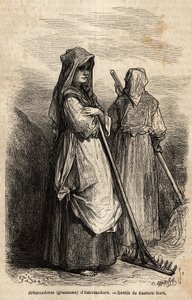 az estremadure-i takarítók, nagy fagereblyéikkel, hogy felszedjék a termés azon részét, amely az aratás után a földeken felejtődött. Gustave Dore (1832-1883) illusztrátor és báró Ch. metszete a spanyolországi utazás szemléltetésére. Davillier reagált alkotó: Gustave Dore