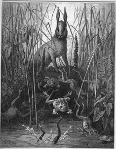 the hare and the frog - The Hares and the Frogs - from "Fables" by Jean de La Fontaine alkotó: Gustave Dore