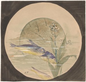 Kialakítás egy tányérhoz, amelyben három kék-sárga hal úszik felfelé egy vízinövény közelében alkotó: Gustave Fraipont (signed by artist)