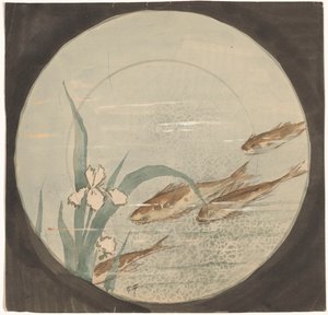 Kialakítás egy tányérhoz, amelyben négy barna hal úszik felfelé egy fehér írisz közelében alkotó: Gustave Fraipont (signed by artist)
