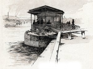 Embarcadere des Bateaux-mouches (Bateaux-mouches) sur la Seine, Párizs (Kilátás a turistahajók mólójára a Szajna folyón, Párizs) Gustave Fraipont (1849-1923) rajza Saint-Juirs „La seine a travers Paris” című művéből merít ” alkotó: Gustave Fraipont