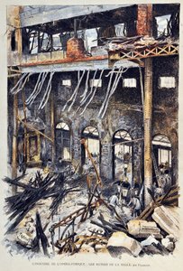Az Opera Comique (Opera-Comique) tüze Párizsban 1887. május 25-én Ambroise Thomas „Mignon” első felvonásának előadása közben. A belső romok. Illusztráció: Gustave Fraipont (1849-1923) 1887-es metszet a „” Paris-Illustrous Journal hetilapban””. alkotó: Gustave Fraipont