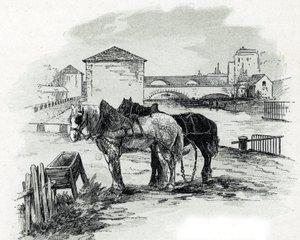 Horses de haulage, quai de la Gironde, Villette (A canal saint-denis, quai de la gironde, Villette Paris hajóinak vontatására használt lovak) Gustave Fraipont (1849-1923) rajza Saint-Juirs-ból alkotó: Gustave Fraipont