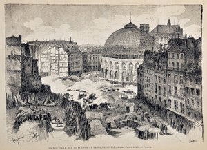 Az új Rue du Louvre és a Halle au Ble Párizsban 1887-ben. Gustave Fraipont (1849 - 1923) illusztrációja. Metszet 1887-ből a „” Paris-Illustrous folyóirat hetilapjában”. alkotó: Gustave Fraipont