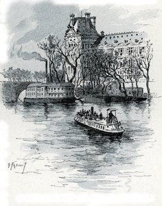 Kilátás a Pavillon de Flore-re, Palais du Louvre-ra, a Quai Voltaire-ből, Párizs (A Louvre-palota Pavillon de Flore részlege a quai Voltaire-ből, Párizs) Gustave Fraipont (1849-1923) rajza Saint-Juirs-ból alkotó: Gustave Fraipont